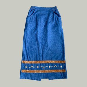 Vintage Denim Maxi Skirt w Embroidery and Faux Leather Details